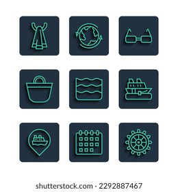Set line Location with cruise ship, Calendar, Ship steering wheel, Glasses, Wave, Beach bag, Towel hanger and Cruise icon. Vector