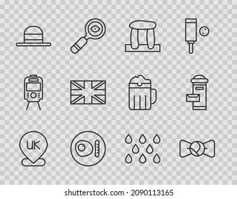 Set line Location England, Bow tie, Stonehenge, British breakfast, Elegant women hat, Flag of Great Britain, Water drop and London mail box icon. Vector