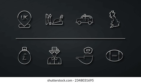 Set line Location England, Money bag with pound, map, Smoking pipe, Queen Elizabeth, Robin hood hat, Rugby ball and Taxi car icon. Vector