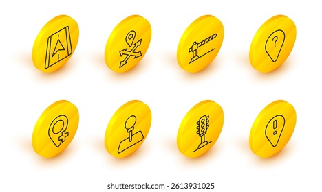 Set line Location with exclamation mark, Traffic light, Push pin, Unknown route point, Parking car barrier,  and City map navigation icon. Vector