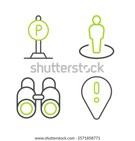 Set line Location with exclamation mark, Binoculars, person and Parking icon. Vector