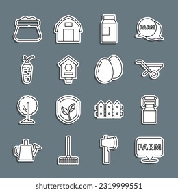 Set line Location farm, Can container for milk, Wheelbarrow, Paper package, Bird house, Carrot, Full sack and Chicken egg icon. Vector