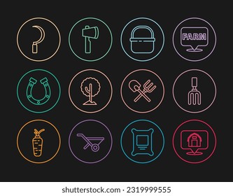 Set line Location farm house, Garden rake, Basket, Tree, Horseshoe, Sickle, Shovel and and Wooden axe icon. Vector