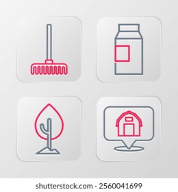 Set line Location farm house, Tree, Paper package for milk and Garden rake icon. Vector