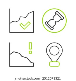 Set line Location, Financial growth decrease, Old hourglass with sand and increase icon. Vector