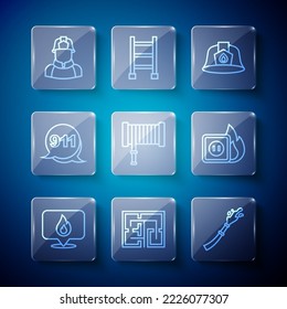 Set line Location with fire flame, Evacuation plan, Fire hose reel, Firefighter helmet, Emergency call 911,  and Electric wiring of socket in icon. Vector