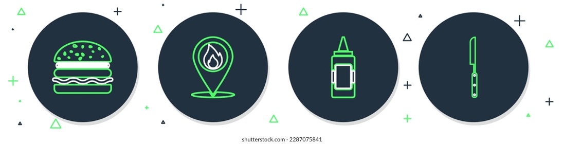 Set line Location with fire flame, Mustard bottle, Burger and Barbecue knife icon. Vector