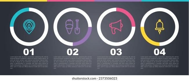 Set line Location with fire flame, Fire shovel and bucket, Megaphone and Ringing alarm bell. Business infographic template. Vector