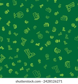 Set line Location with fire flame, Fire boots and extinguisher on seamless pattern. Vector