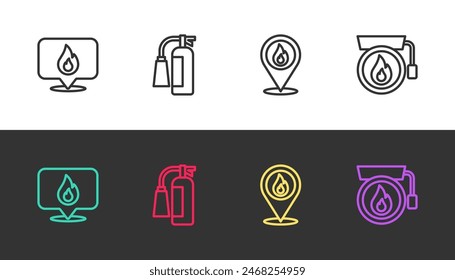 Set line Location with fire flame, Fire extinguisher,  and Ringing alarm bell on black and white. Vector