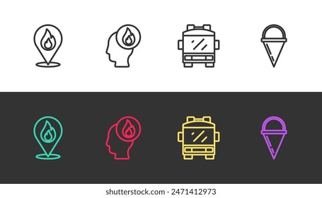 Establecer línea de Locación con llama de fuego, bombero, camión y cubo de cono en blanco y negro. Vector