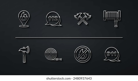 Set line Location with fire flame, Firefighter axe, hose reel, No, Emergency call, 911 and  icon. Vector