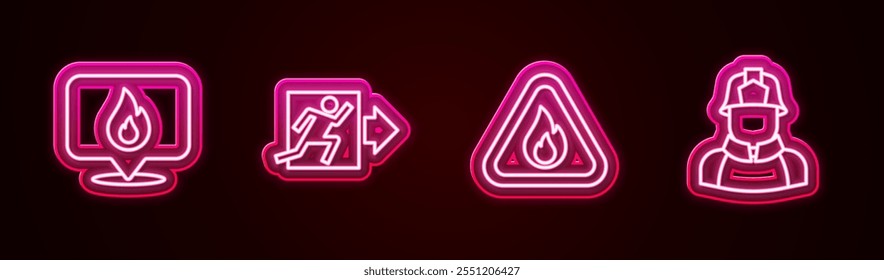 Set line Location with fire flame, Fire exit, in triangle and Firefighter. Glowing neon icon. Vector