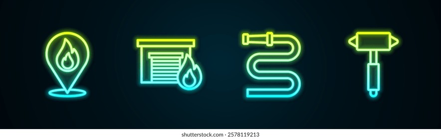 Set line Location with fire flame, Fire in burning garage, hose reel and Firefighter axe. Glowing neon icon. Vector