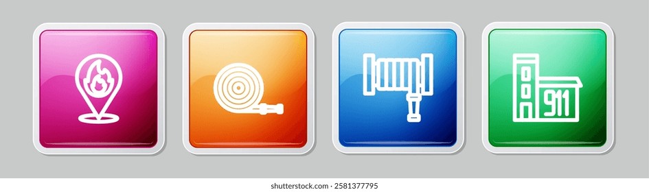 Set line Location with fire flame, Fire hose reel,  and Building of station. Colorful square button. Vector