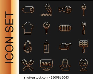 Set line Location with fire flame, Barbecue steel grid, spatula, Chicken leg, Kitchen thermometer, Chef hat, Salami sausage and grill icon. Vector