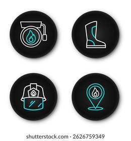 Set line Location with fire flame, Firefighter helmet, boots and Ringing alarm bell icon. Vector