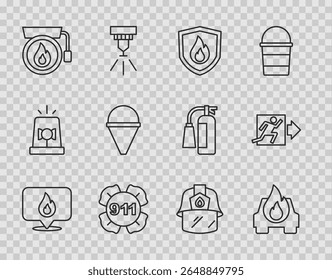 Set line Location with fire flame, Burning car, Fire protection shield, Emergency call 911, Ringing alarm bell, cone bucket, Firefighter helmet and exit icon. Vector