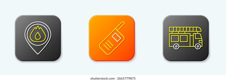 Establecer la Locación de línea con llama de fuego, Walkie talkie y el icono de camión de bomberos. Vector