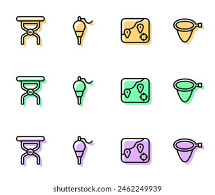 Set line Location fishing, Camping folding chair, Fishing float and net icon. Vector