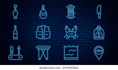 Set line Location fishing, Camping lantern, Spinning reel for, Fishing jacket, Bottle of vodka, spoon, Crab and  icon. Vector
