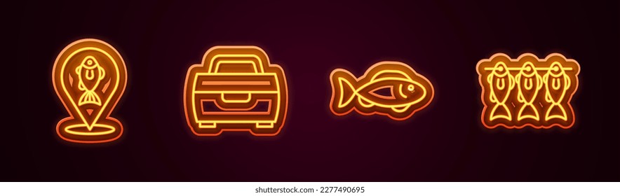 Set line Location fishing, Case or box for equipment, Fish and Dried. Glowing neon icon. Vector