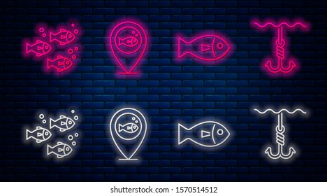 Set line Location fishing, Fish, Fish and Fishing hook under water. Glowing neon icon on brick wall. Vector