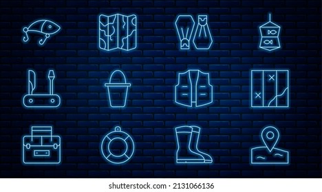 Set line Location fishing, Folded map, Rubber flippers for swimming, Fishing bucket, Swiss army knife, lure, jacket and icon. Vector