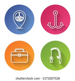 Set line Location fishing, Fishing hook, Case or box container for wobbler and gear fishing equipment and Fishing rod and fish. Color circle button. Vector