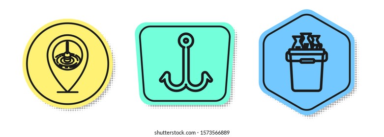 Set line Location fishing, Fishing hook and Fishing bucket with fishes. Colored shapes. Vector