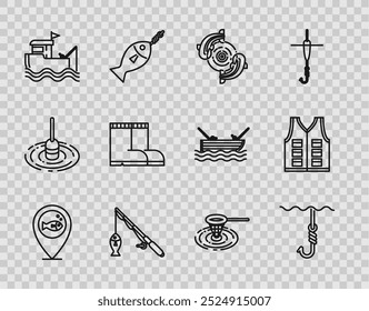 Set line Location fishing, Fishing hook under water, rod and, boat with, boots, net and jacket icon. Vector