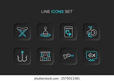 Set line Location fishing, Fishing hook, Campfire and pot, Spinning reel for, Served plate, float water and harpoon icon. Vector