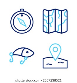Set line Location fishing, Fishing lure, Folded map and Compass icon. Vector