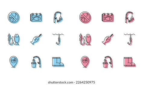 Set line Location fishing, Fishing rod and, No, boots, hook, under water,  and Calendar with icon. Vector