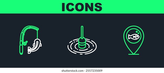 Set line Location fishing, Fishing rod and and float water icon. Vector