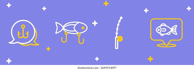 Set line Location fishing, Fishing rod, lure and hook icon. Vector