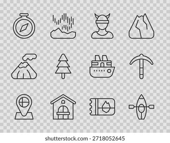 Fije la bandera de la Locación de la línea Islandia, remo del kayak, cabeza vikinga, casa de la granja, brújula, árbol, boleto y icono del pico. Vector