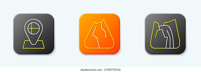 Set line Location flag Iceland, Mountains and Waterfall icon. Vector