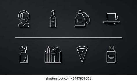 Set line Location flag Italy, Woman dress, Coffee cup, Slice pizza, Milan Cathedral, Bottle wine, Perfume and  icon. Vector