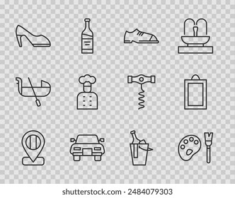 Set line Location flag Italy, Paint brush with palette, Men shoes, Car, Woman, Italian cook, Bottle of wine bucket and Picture icon. Vector