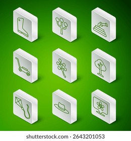 Set line Location with flower, Gardener worker hat, Rubber gloves, Blossom tree branch, Lawn mower, Kite and Forest icon. Vector