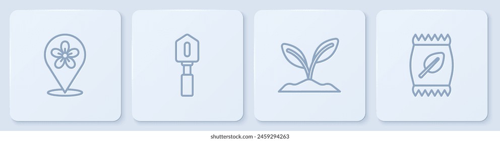 Set line Location with flower, Sprout, Shovel and Fertilizer bag. White square button. Vector