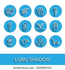 Set line Location with flower, Watering can, Easter egg, Mushroom, Lawn mower, Forest, Cactus peyote pot and Sprout icon. Vector