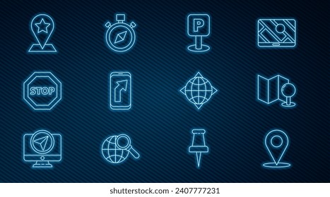 Set line Location, Folded map with push pin, Parking, City navigation, Stop sign, Map pointer star, World globe compass and Compass icon. Vector