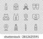 Set line Location of the forest, Bottle water, Campfire, Camping lantern, Life jacket, Knife and  icon. Vector