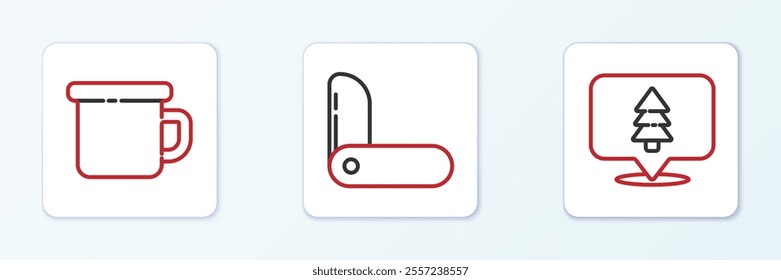 Set line Location of the forest, Camping metal mug and Swiss army knife icon. Vector