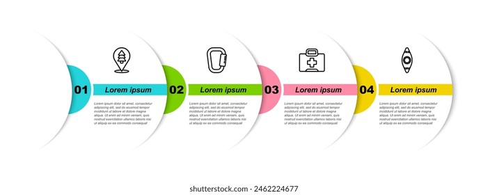 Locación de la línea de ajuste del bosque, mosquetón, botiquín de primeros auxilios y canoa de kayak. Plantilla de infografía de negocios. Vector