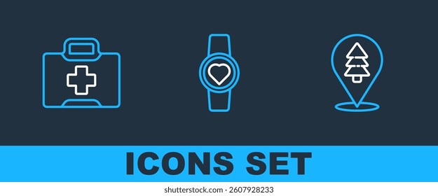 Set line Location of the forest, First aid kit and Smart watch showing heart beat rate icon. Vector