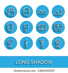 Set line Location of the forest, Marshmallow stick, Kettle with handle, Sausage fork, Compass, Wooden axe, Binoculars and Rv Camping trailer icon. Vector