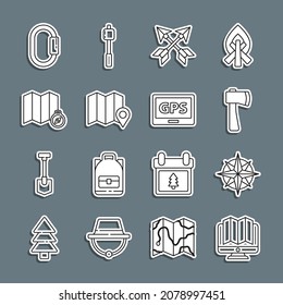 Set line Location of the forest in monitor, Wind rose, Wooden axe, Crossed arrows, map, Carabiner and Gps device with icon. Vector